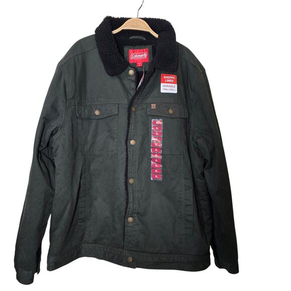 NWT Coleman XL Fleece Lined Button Up Jacket Hunter Green Black Fleece Collar - Picture 1 of 8